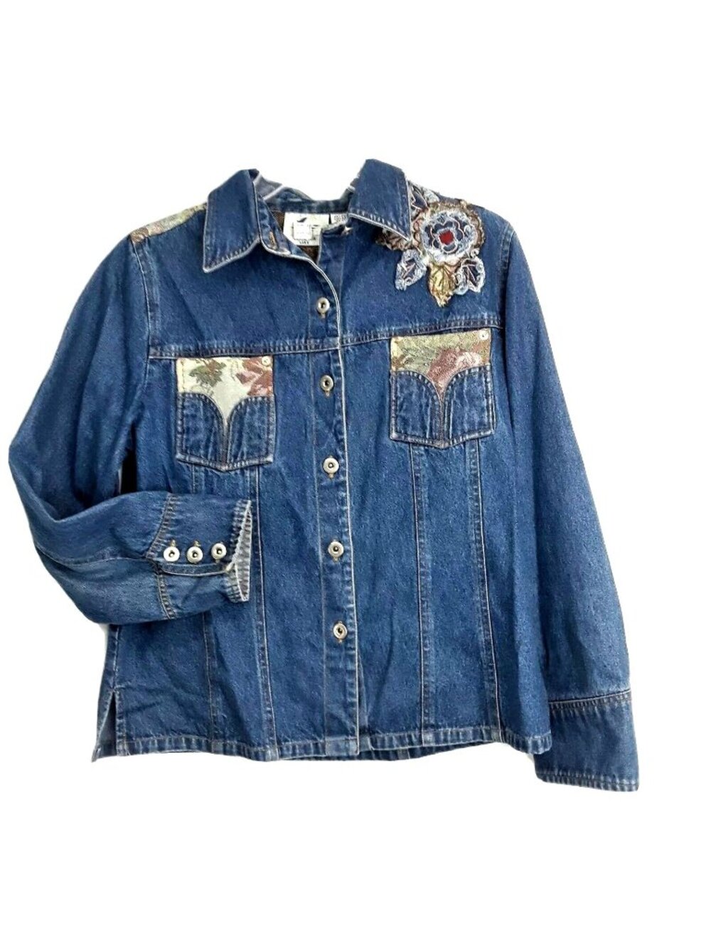 Earth Sea & Sky Denim Jean Jacket Size L Embellished Tapestry Embroidered Floral